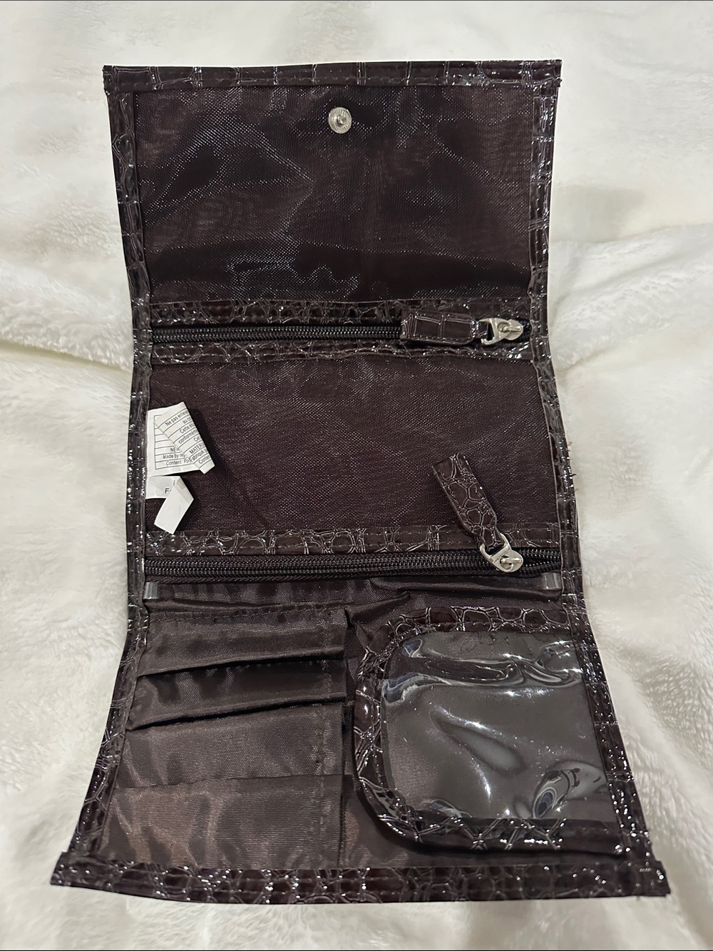 FOLDABLE TRAVEL MAKEUP ORGANIZER Dark Brown Vegan Faux Reptile 13”x7.5” Elegant